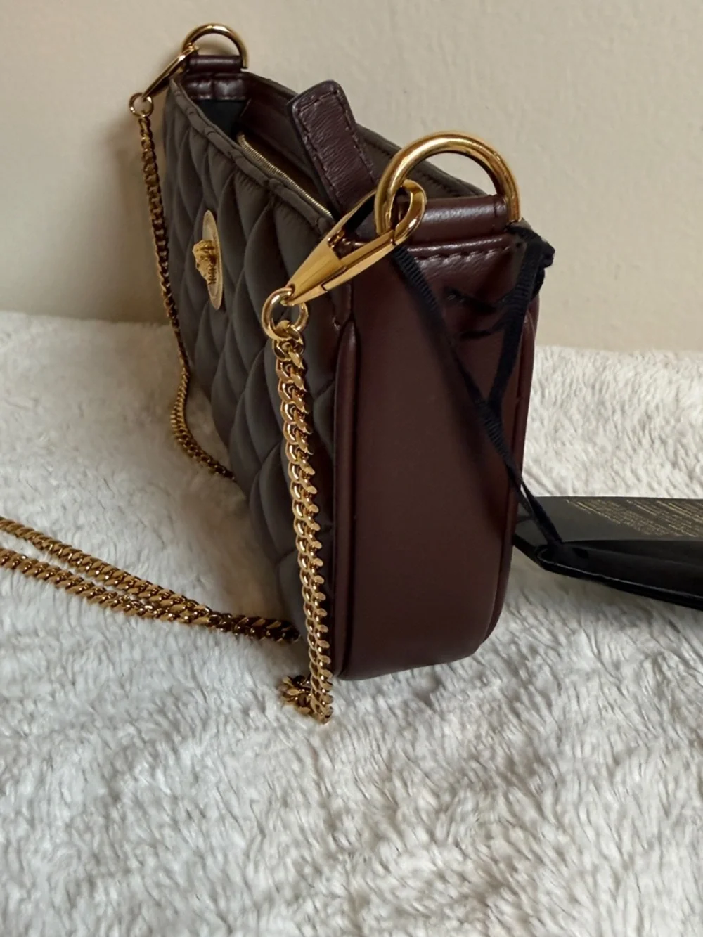 Versace Quilted Brown Leather Shoulder Bag with Gold Chain